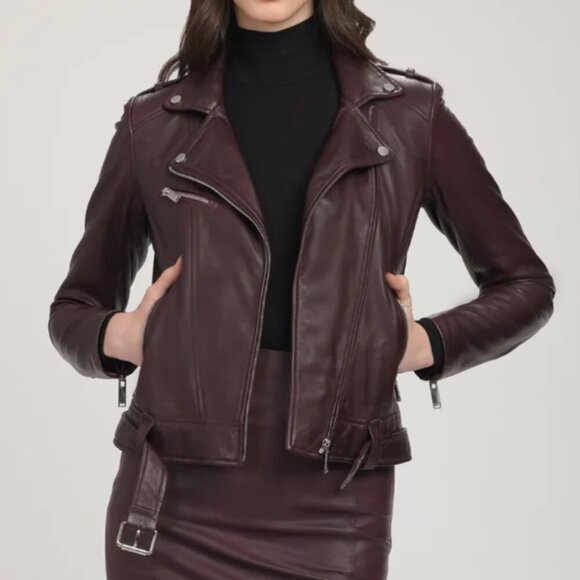 DANIER Juliette Genuine Leather Moto Jacket in Bordeaux - Picture 1 of 15